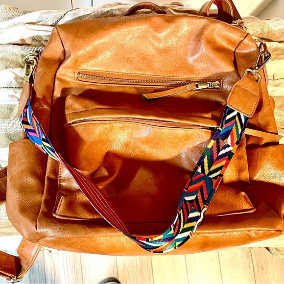 Boho Convertible Backpack Purse — Vegan Leather Camel Tan Bag with Aztec Strap - Picture 4 of 15